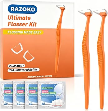 RAZOKO Long Handle Dental Flosser Kit 2 Orange Handles + 240 Refills | Extra Strong Shred-Resistant Floss Picks for Hard-to-Reach Teeth, PTFE & PFAS Free