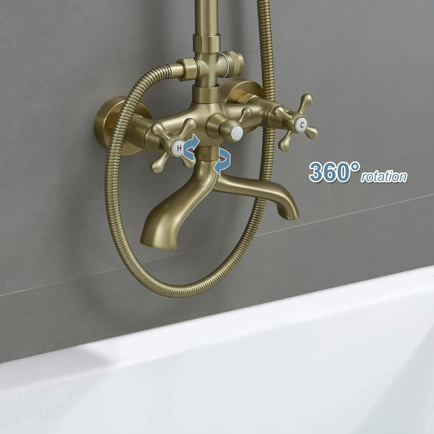 BWE Brushed Gold Triple-Function Shower Fixture Rainfall Shower Set with Adjustable Hand Sprayer and Tub Spout High Pressure Bathroom Shower Fixture Wall Mount Complete Set