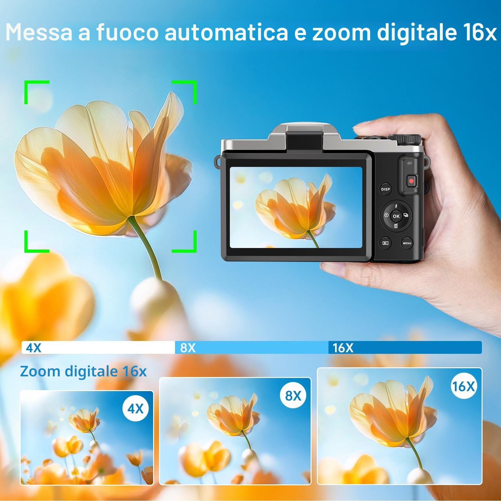 Macchina Fotografica Digitale con WiFi, 4K 64MP Autofocus Fotocamera Compatta, Digitale Camera con 16X Zoom 3" Flip 180° Videocamera con Scheda di Memoria Da 32GB per Principianti e Adolescenti