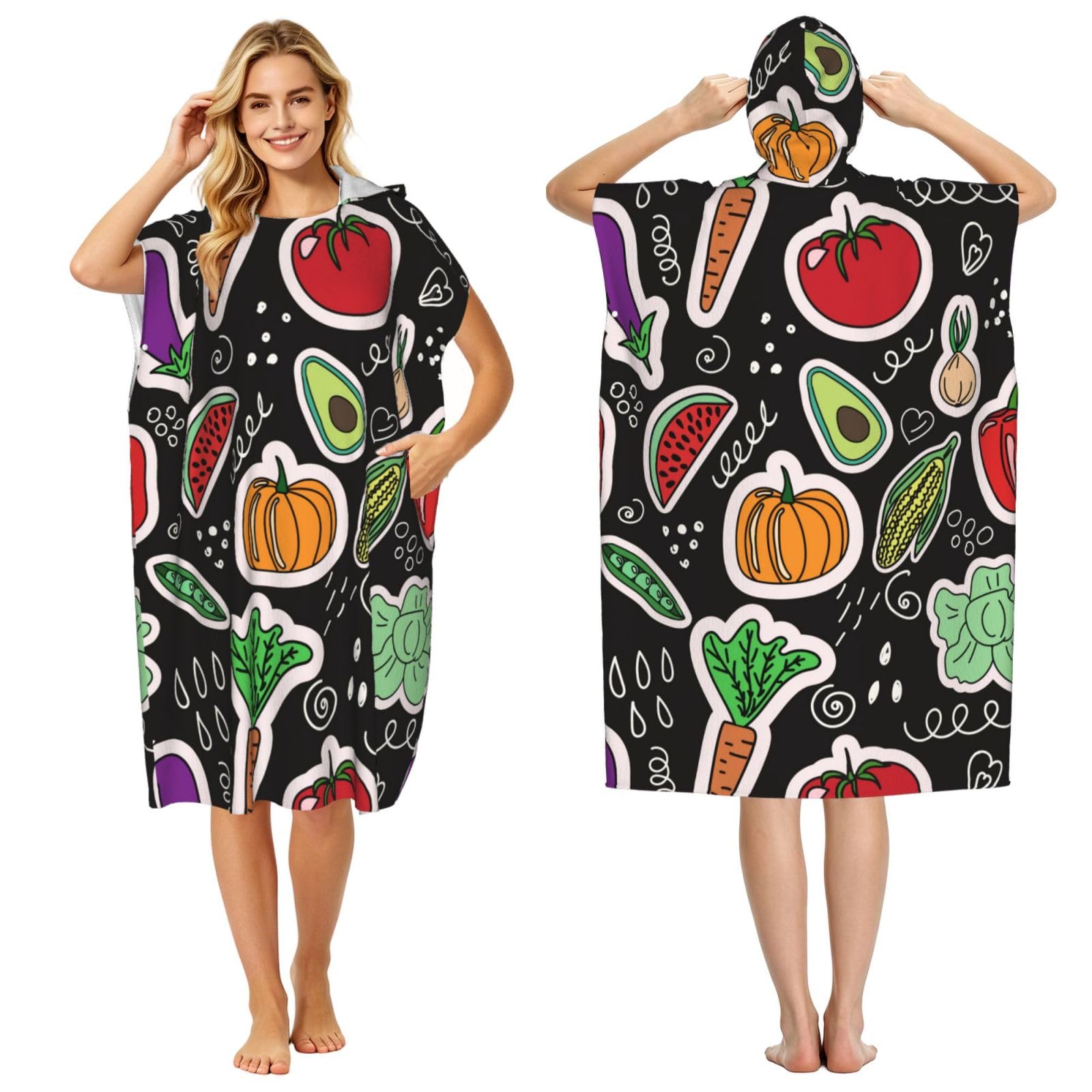 Poadnly Cartoon Vegetables Fruits, Adult Hooded Beach Towel 90 x 110 cm,Changing Bath Robe, Surf Poncho Towel For Women Men