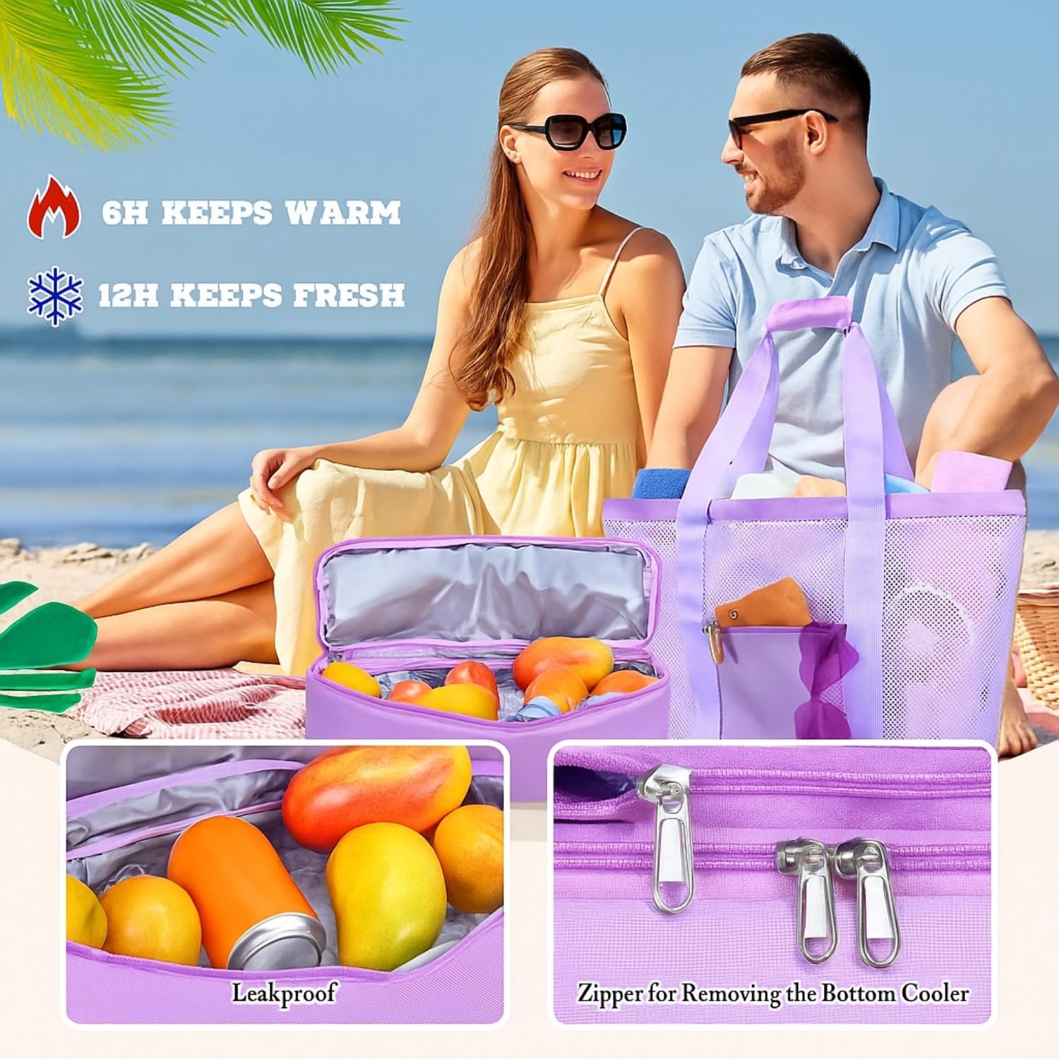 Abbylike Large Mesh Beach Tote Bag with Insulated Cooler and Pocket Detachable Waterproof Sandproof Picnic Swim Pool Bag(Light Purple) - Image 7