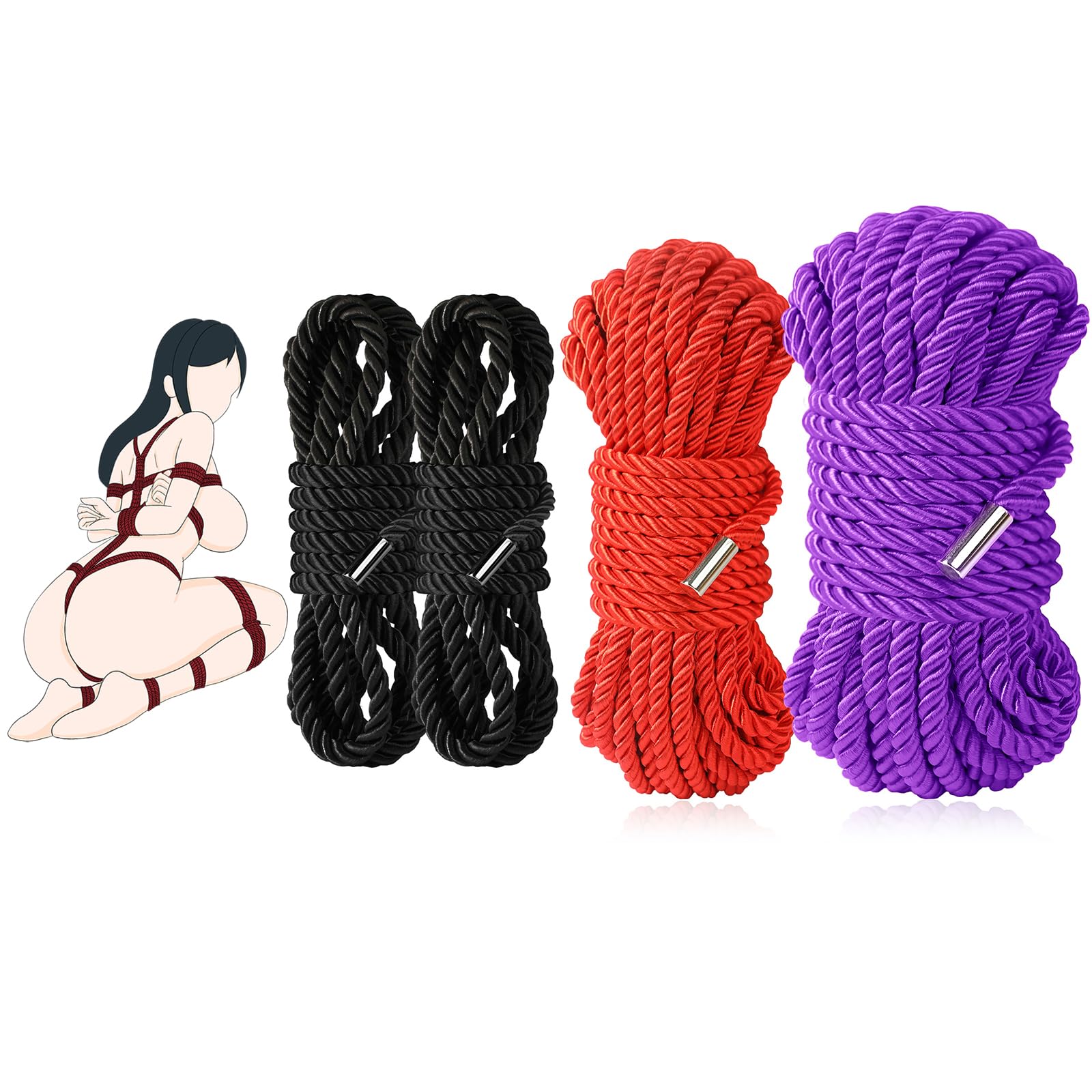 BDSM Couple Intimate Bondage Set - Soft and Multifunctional Sex Rope - Bedroom Adult Bondage Toy - Perfect for Bondage Beginners (2x8ft Black+16ft red+32ft Purple)