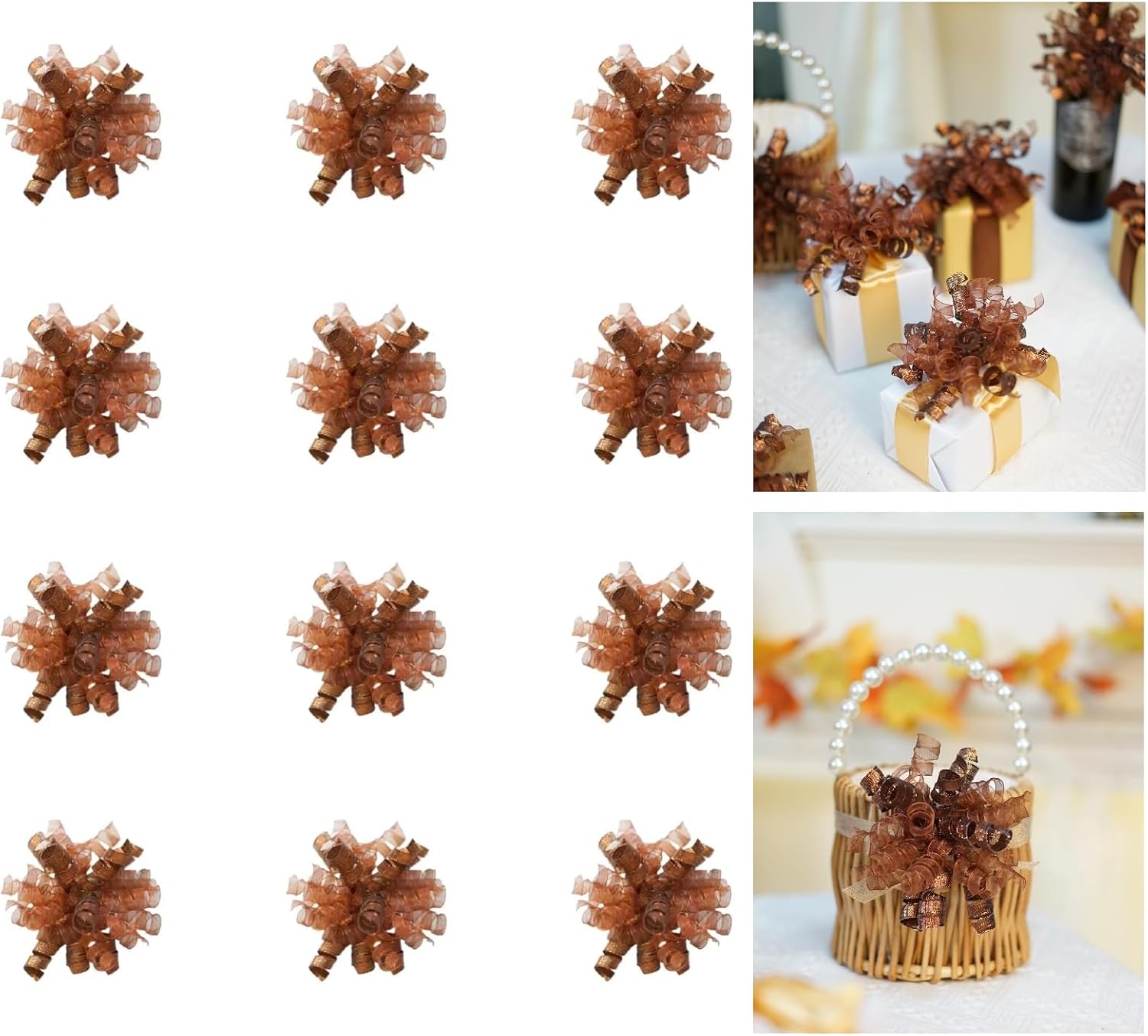 Lakkity 12 Counts Amber Color Curly Ribbon Bows Brown Fall Wreath Bows for Gift Wrapping, Self Adhesive Burst Gift Bow for Presents, Birthday, Christmas, Halloween, Holiday Party Favors, Thanksgiving - Image 2