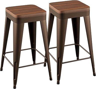 Bar Stools Set of 2 Metal Bar Stool Counter Height Bar Stools Rusty, Modern 24" Bar Chairs Without Back,Wooden Seat Bar Stool Counter Height