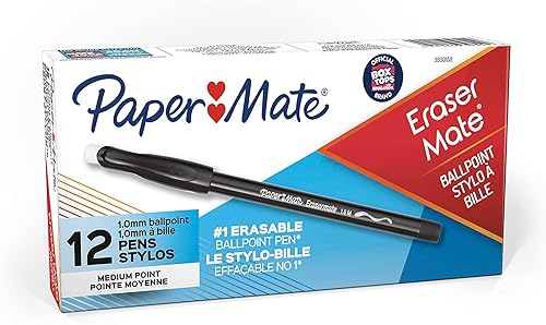 Paper Mate EraserMate - Bolígrafo borrable, punta media, color negro, caja de 12 unidades