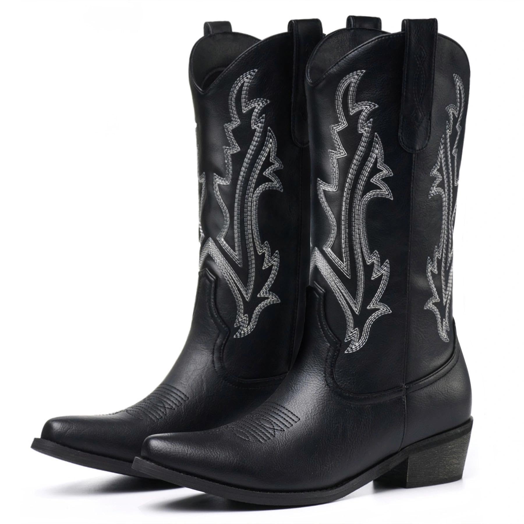 RURUNA Cowboy Boots for Women Mid Calf Black Cowgirl Boots Square Toe Western Boots Womens Cowboy Boots Chunky Heel botas vaqueras para mujer