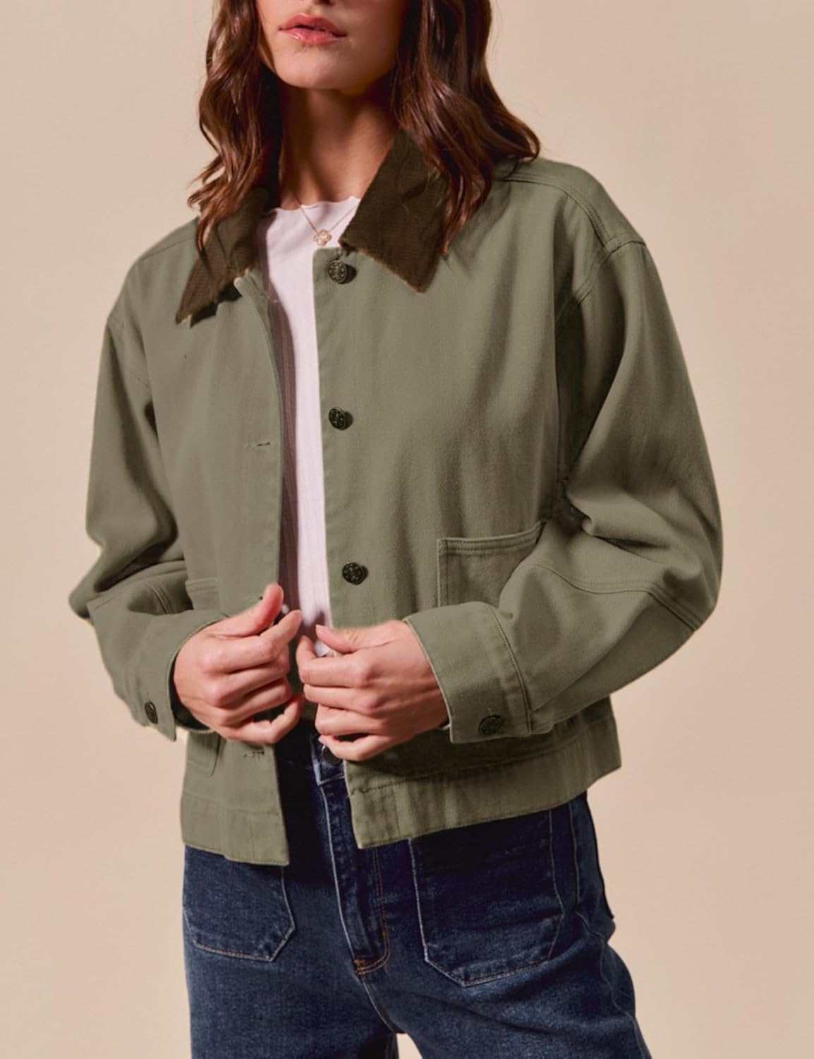 Women’s Cropped Barn Jacket Button Down Cord Collar Jacket with Pockets Trendy Work Outerwear - Image 5