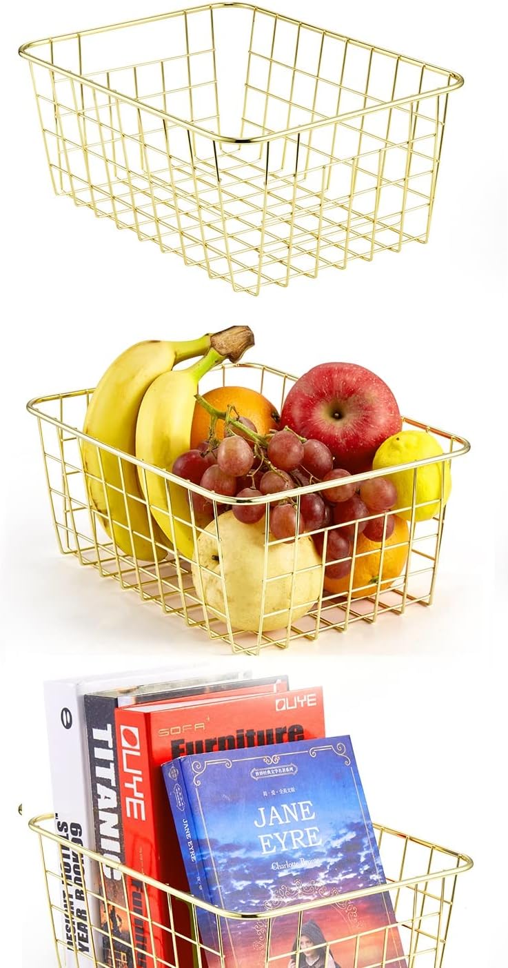 Wire Storage Basket Organizer Bin Baskets for Kithen Cabinets Freezer Bedroom Bathroom (3, bronze)