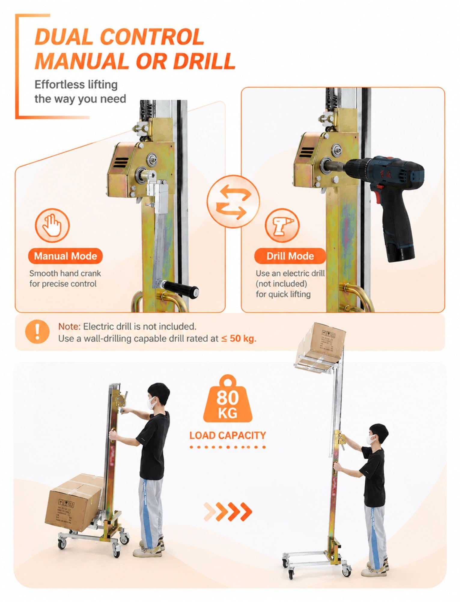 Sollevatore manuale 80 kg, impilatore mobile con verricello e forche