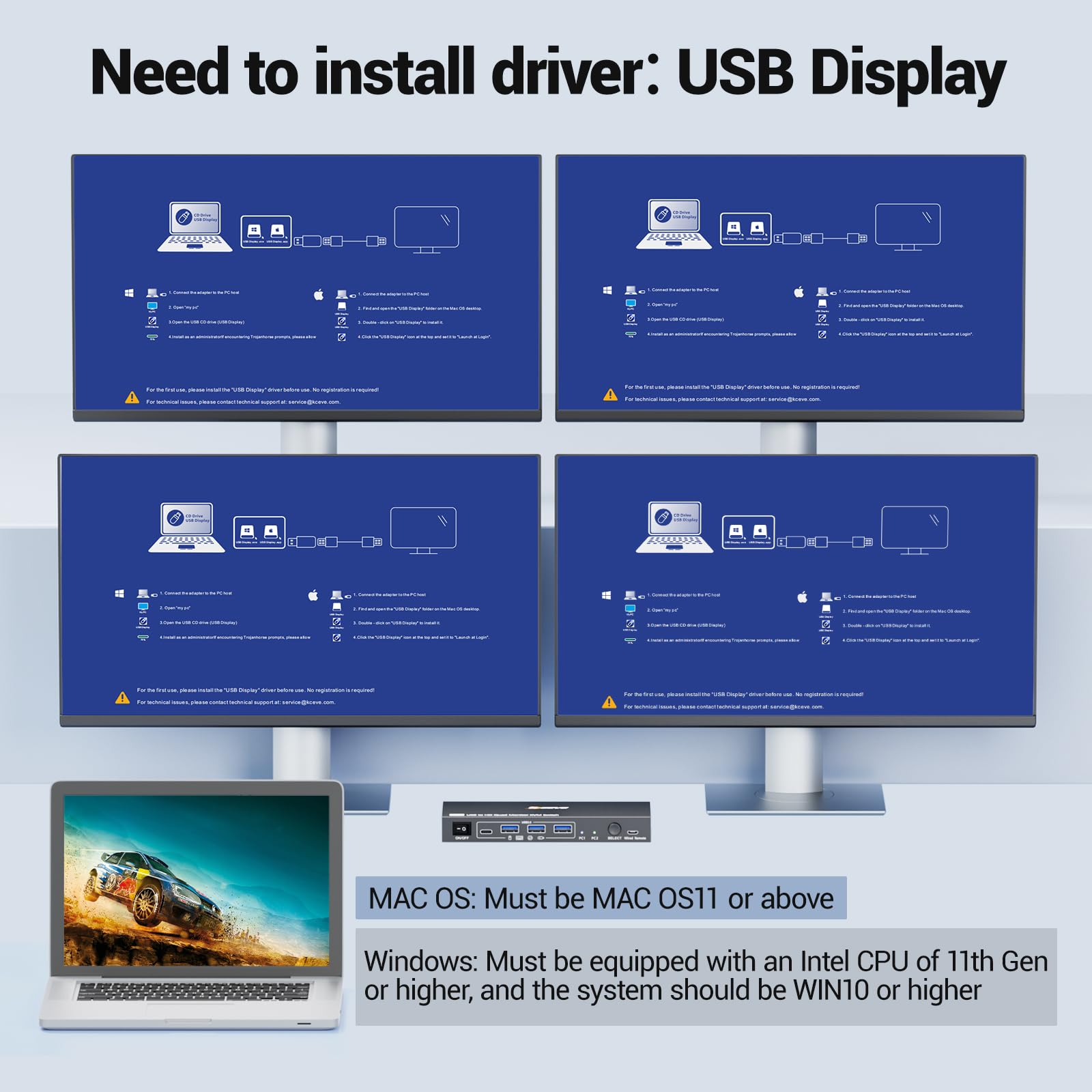 KVM Switch 2 PC 4 Monitor 1080P@60Hz, Quad Monitor KVM Switch Adatto per l'esecuzione di due Computer su 4 Monitor e 4 Dispositivi USB, Installazione driver richiesta