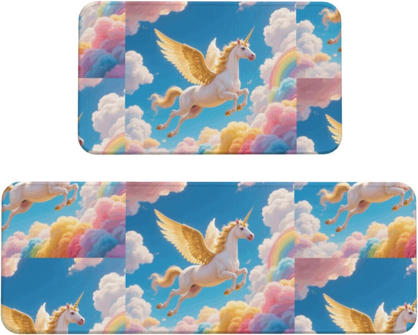 White Horse in the Sky Kitchen Rugs Set of 2, Cushioned Anti-Fatigue Kitchen Mats for Floor, Waterproof Comfort Standing Mat Absorbent Velvet Kitchen Runner Rugs 17"x30"+17"x47"