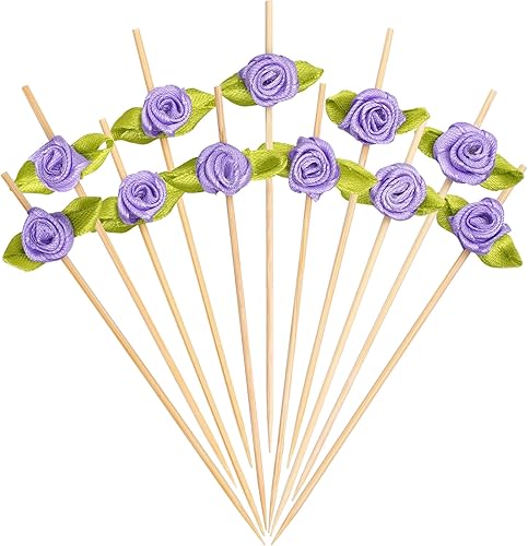 Miniatura 17 de Minisland Palillos de cóctel de flores de rosa rosa, palillos de bambú de 4.7 pulgadas de largo para aperitivos, decoración de despedida de soltera