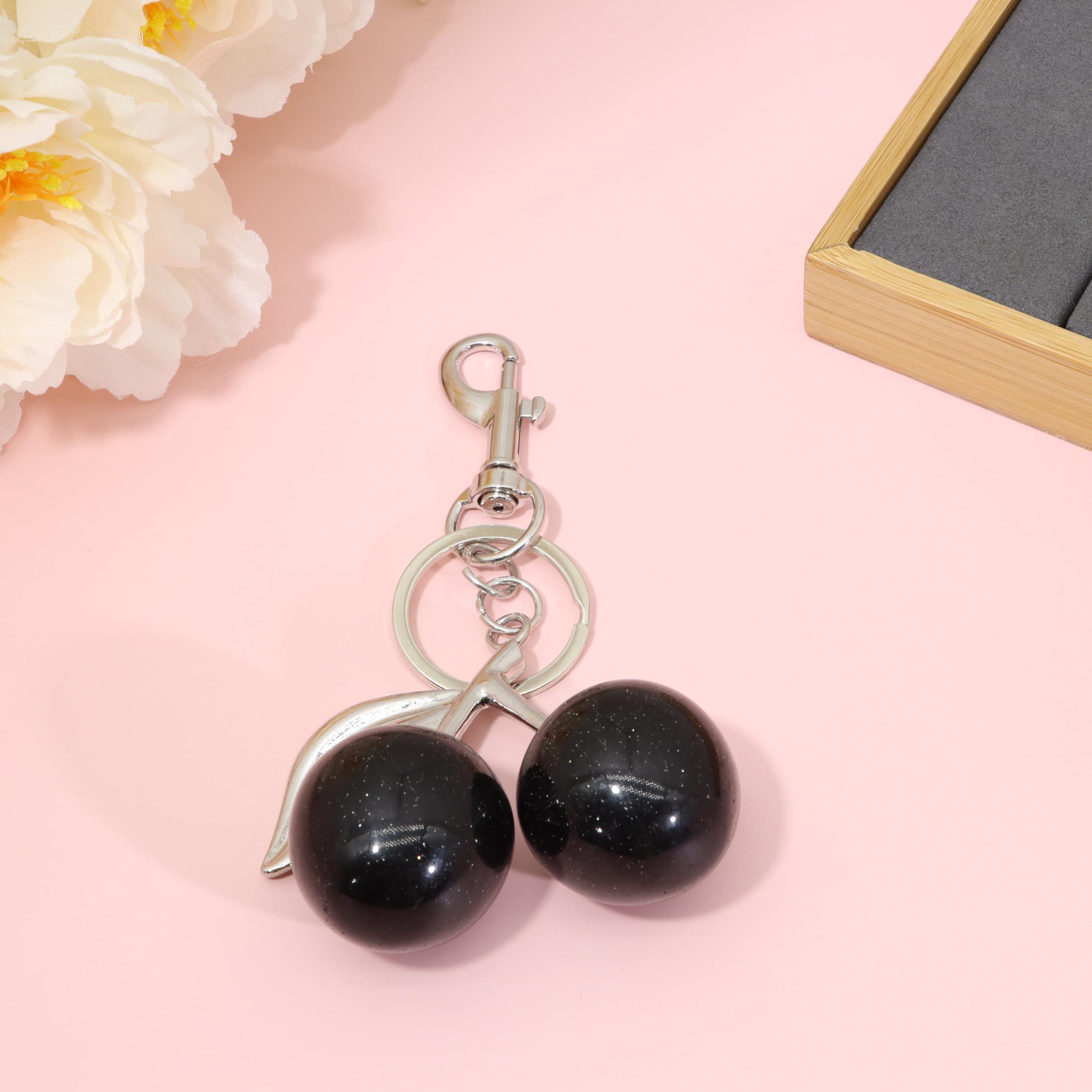Condition photo showing New/Like New for apple cherry keychain, bag purse charm key chains for women red pink blue black handbag charms metal jewely gift