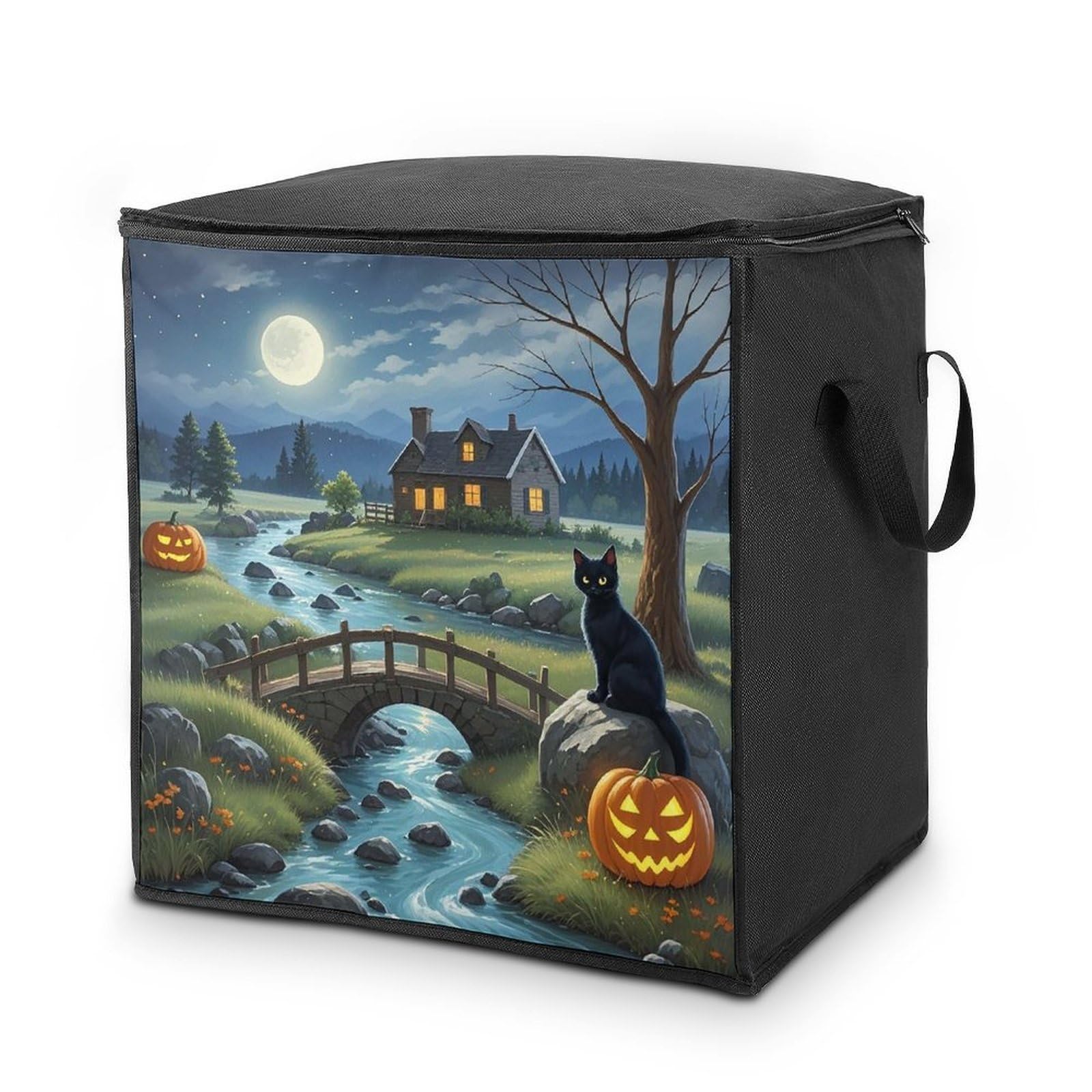 Full Moon Bridge Black Cat Storage Bag with Zippers And Handle Extra Large Bedding Comforter Storage Bag Foldable Blanket Storage Bags Fabric Moving Bags for Closet Organizer (70L)