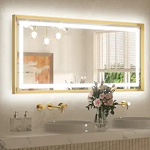 TETOTE 48 x 24 Bathroom LED Mirror Brushed Gold Metal Frame Frontlit & Backlit Vanity Mirror Stepless Dimmable Anti-Fog 3 Colors White/Warm/Natural Light up Vanity Wall-Mounted