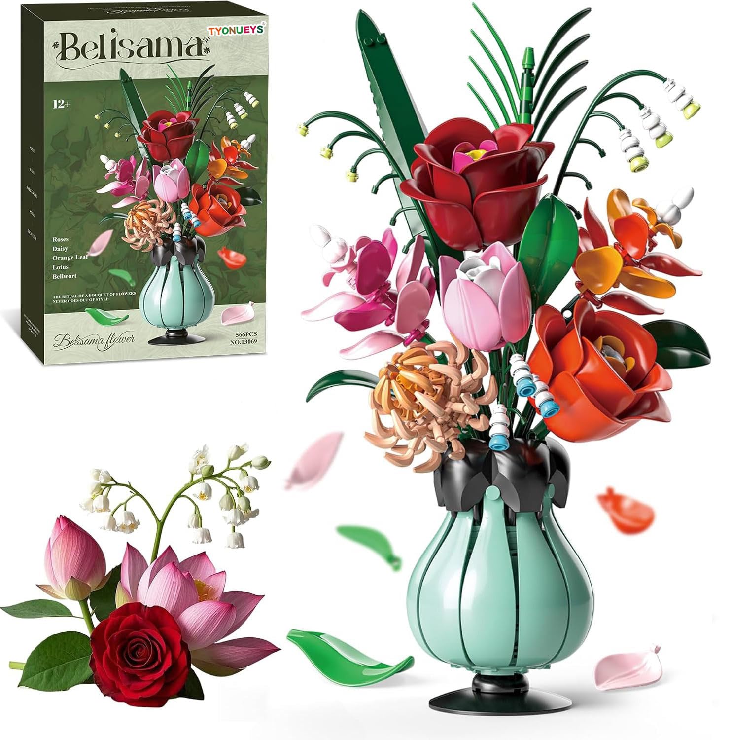 TYONUEYS Blumen Bauspielzeugset für Erwachsene, 566 Teile Blumenstrauß Bausatz Mit Vase, Botanical Kollektion Blumenstrauß Klemmbausteine, Geschenk für Geburtstag Valentinstag Muttertag Weihnachten