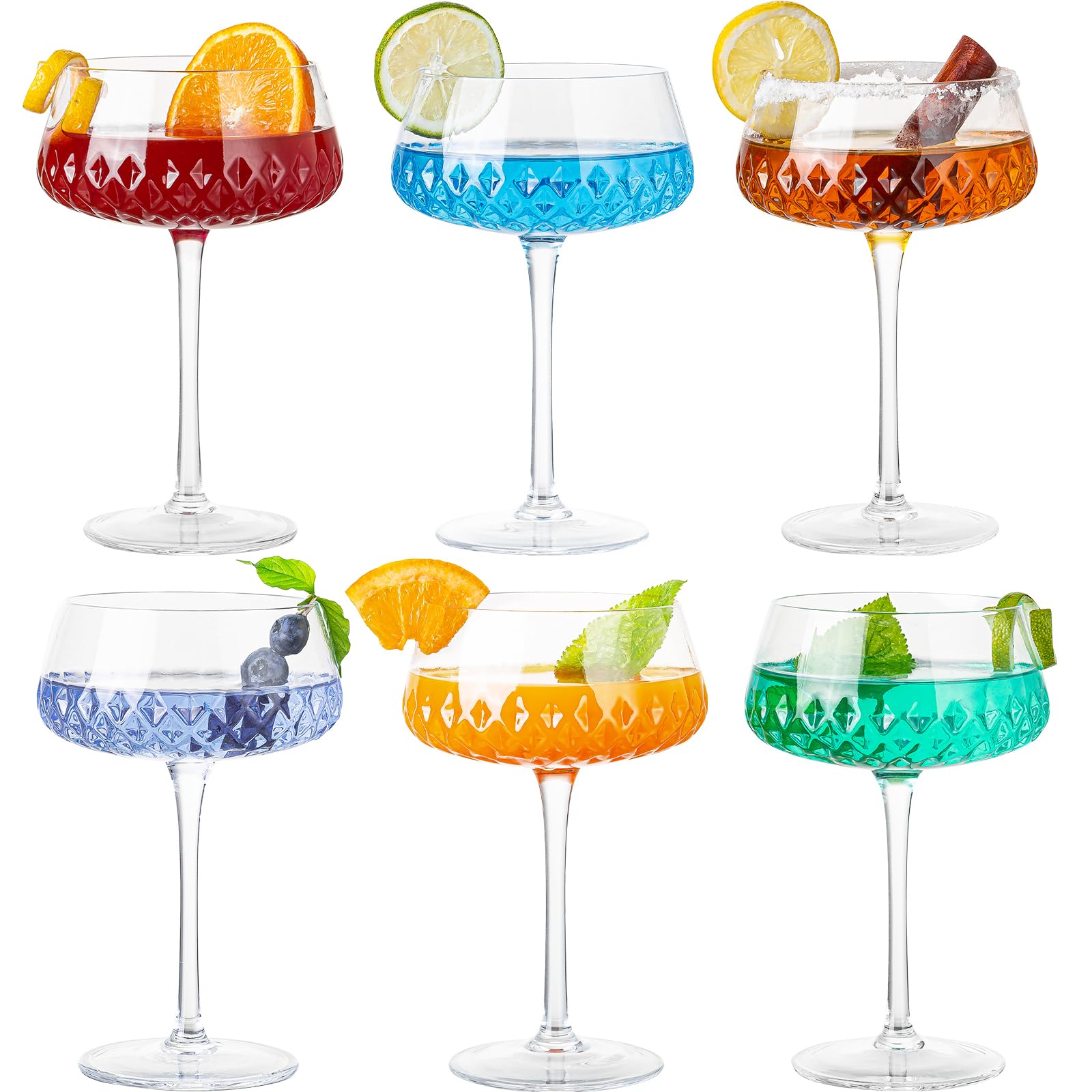 Art Deco Coupe Glasses Set of 6, 12 oz Classic Martini Glasses, Coupe Cocktail Glasses, Elegant Hand Blown Manhattan Goblet for Bar, Martini, Champagne, Cosmopolitan, Gimlet, Pisco Sour