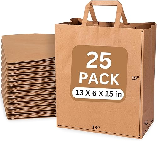 JET PAPER BAGS - Bolsas de papel marrón grandes de 13 x 6 x 15 pulgadas con asas Prime (marrón, 13 x 6 x 15 pulgadas (paquete de 25))