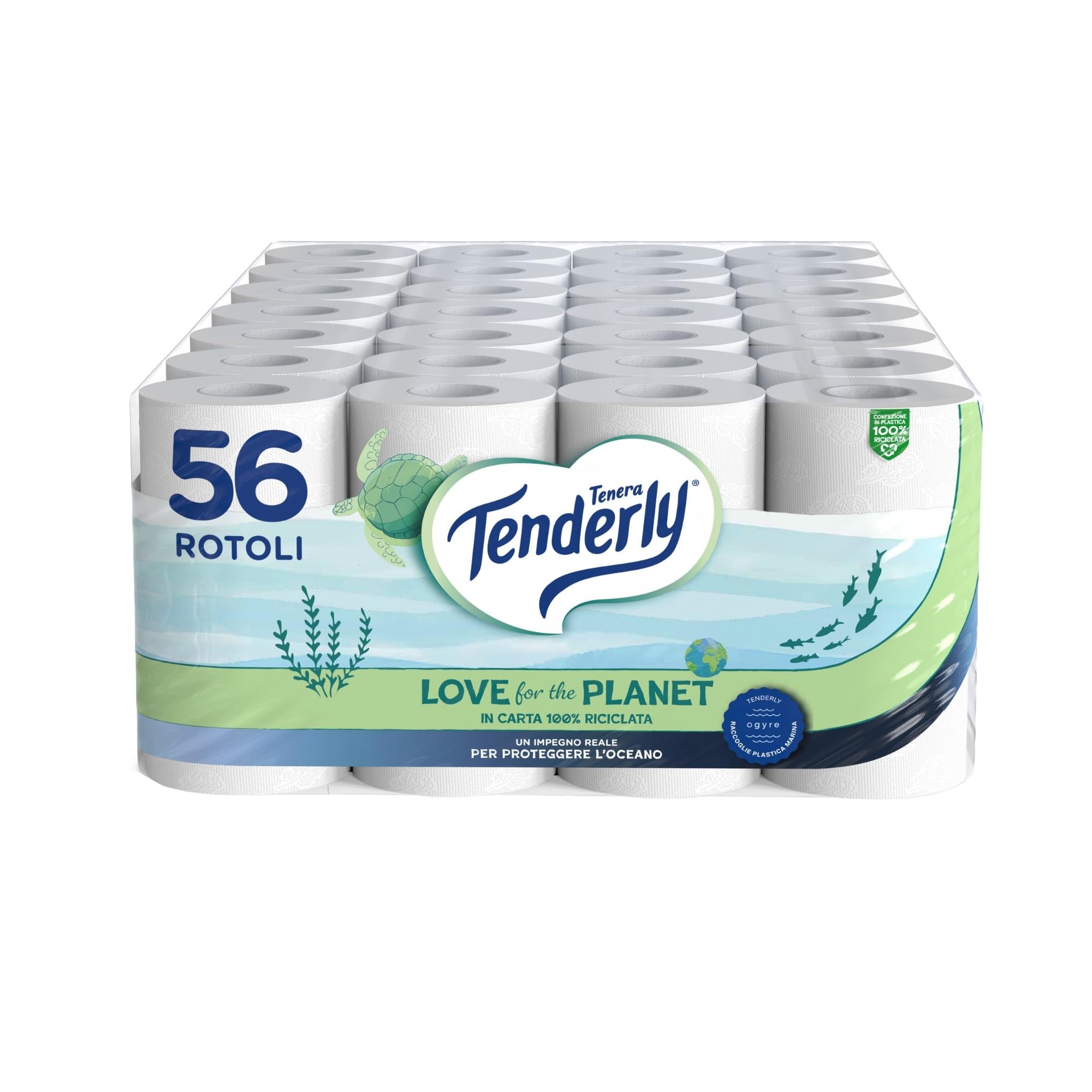 Tenderly Love for the Planet, 56 Rotoli di Carta Igienica (14 conf. da 4 rotoli), Cellulosa 100% Riciclata, Dermatologicamente Testato, Made in Italy