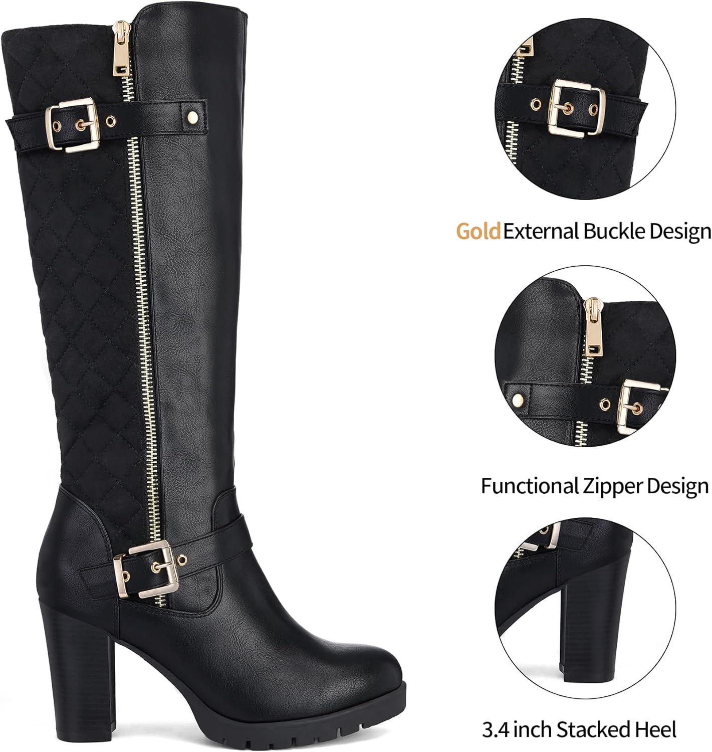 mysoft Women's Knee High Boots Fashion Chunky Block Heel Warm Winter Boots with Side Zippers - Image 3