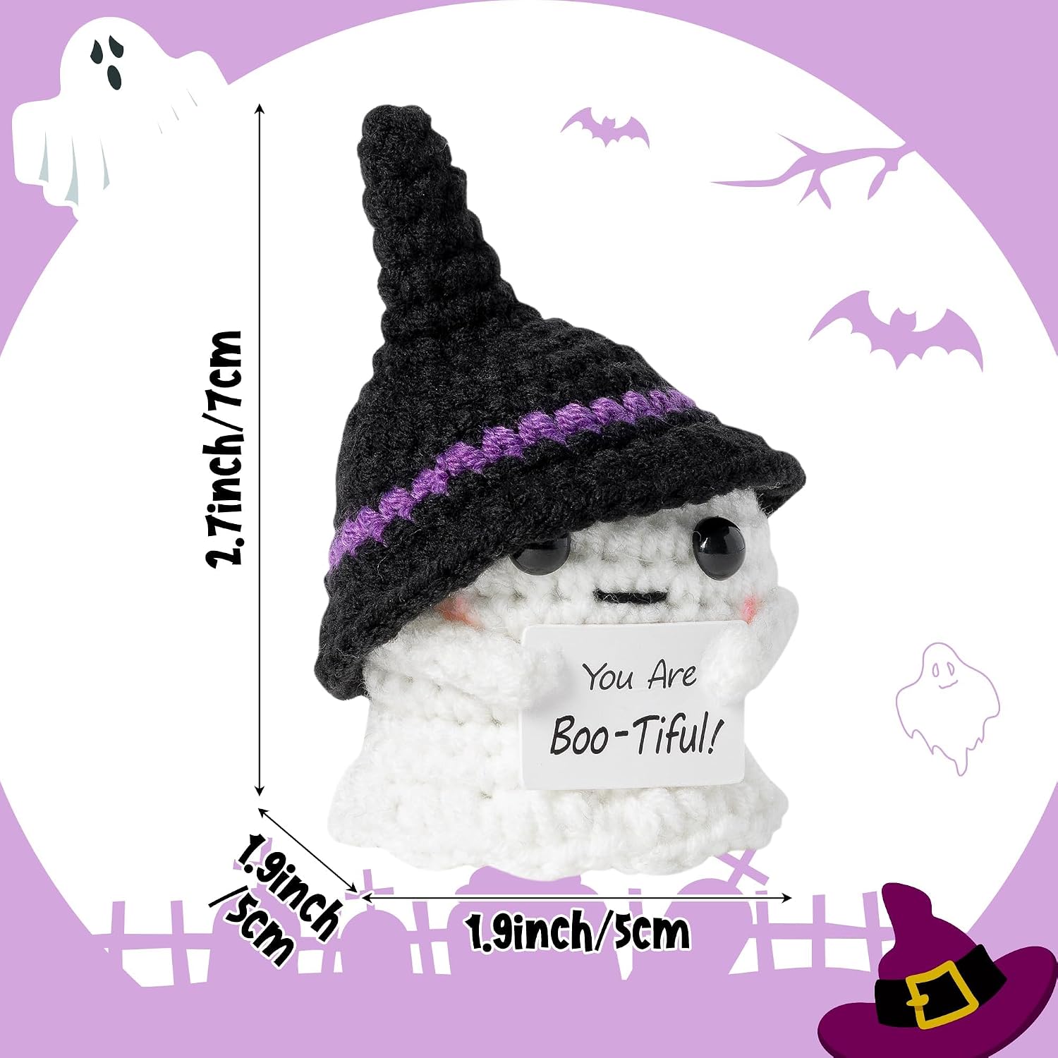 Halloween Ghost Handmade Positive Crochet with Inspirational Card Emotional Support Wool Ornaments Mini Positive Knitted Crochets Doll Desk Decorations Funny Gifts for Women Men 2.7 x 1.9 in image 2