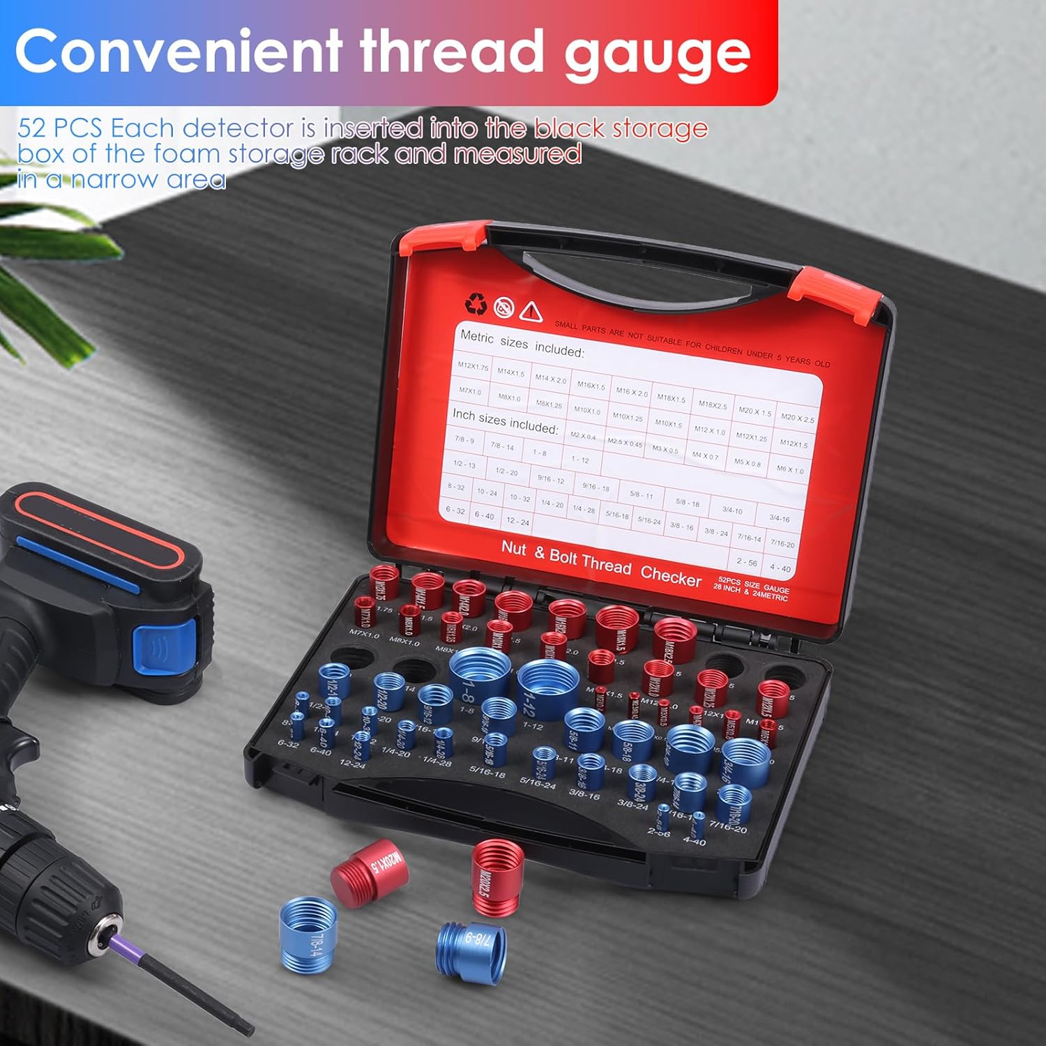 52-Piece Nut and Bolt Thread Checker + Thread Gauge Set, 28 SAE (Blue) and 24 Metric (Red) with 58-Blade Pitch Gauge, Portable Bolt Size Finder for Tight Spaces, Mechanics Repairs, and DIY Projects