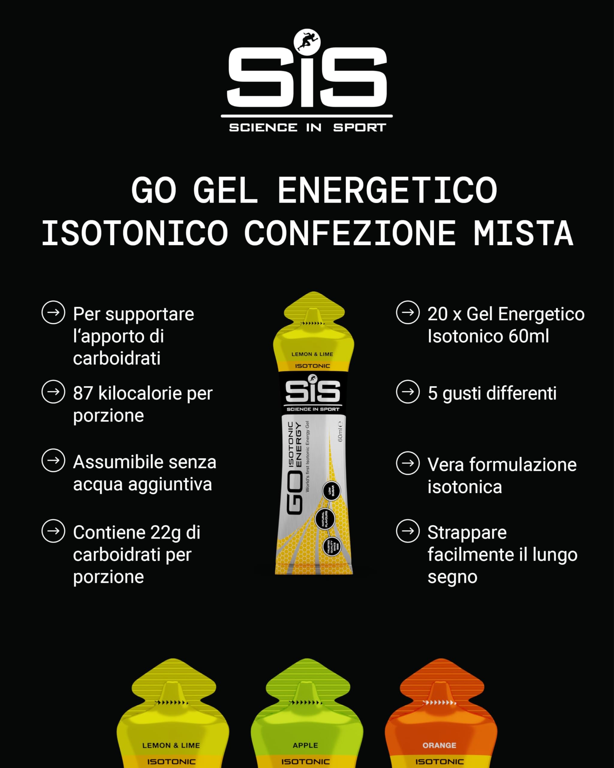 Science in Sport GO Energy Gel 20 x 60ml Vegano - Gel energetico isotonic con 22g di carboidrati, Ottimo fornitore di energia, Alternativa ottimale alle bevande isotoniche