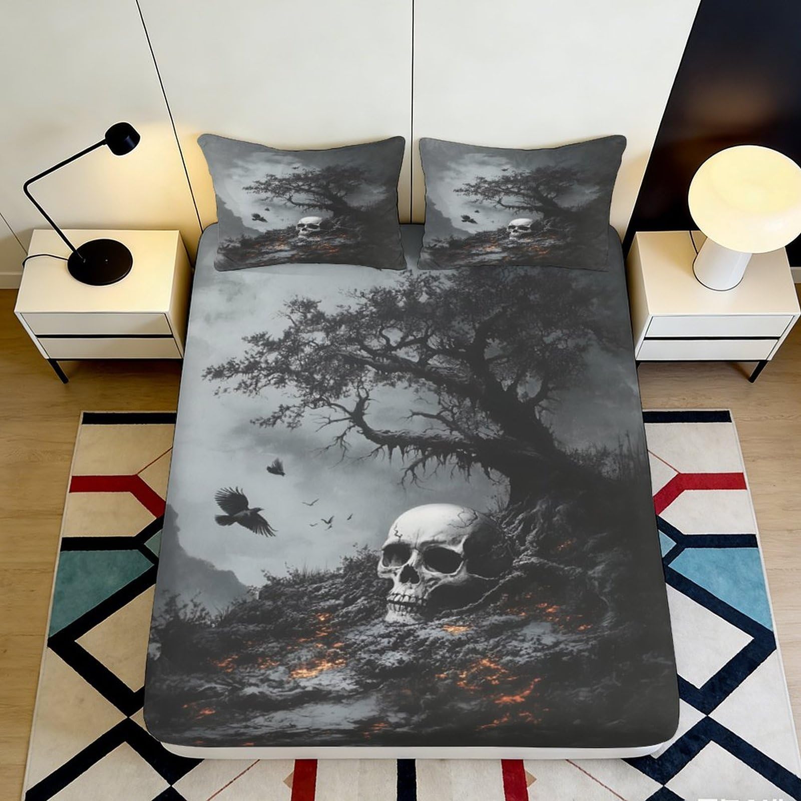 Dhbaneiok Style-8 3D Printed Gothic Skull Fitted Sheet Microfiber Dark Tree Mattress Cover For Bedroom Guest Room Decor Dustproof Washable 90X200x25cm