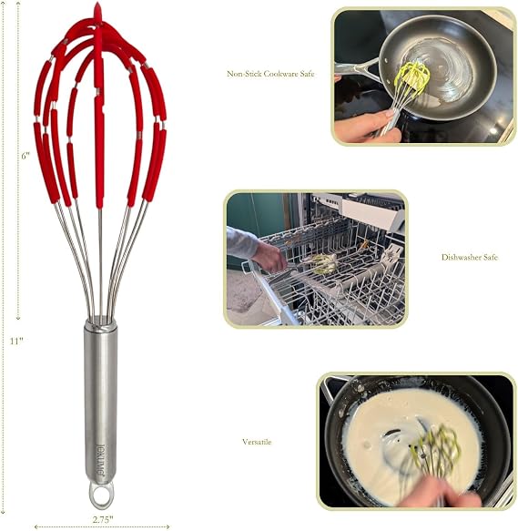 Balloon Silicone Egg Whisk with Spatula Scraper Wires, 18/10 Stainless Steel, Non-Stick Pan Safe, Ergonomic Tube Handle Perfect for Blending, Whisking, Beating and Stirring, 11 inch (Red)