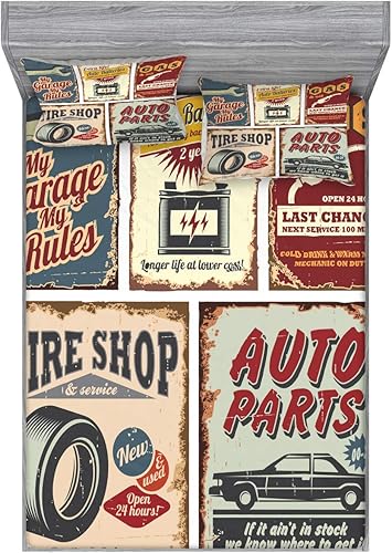 Lunarable Juego de sábanas bajeras y fundas de almohada de los años 50, letreros de automóvil vintage, reparación de publicidad de automóvil,