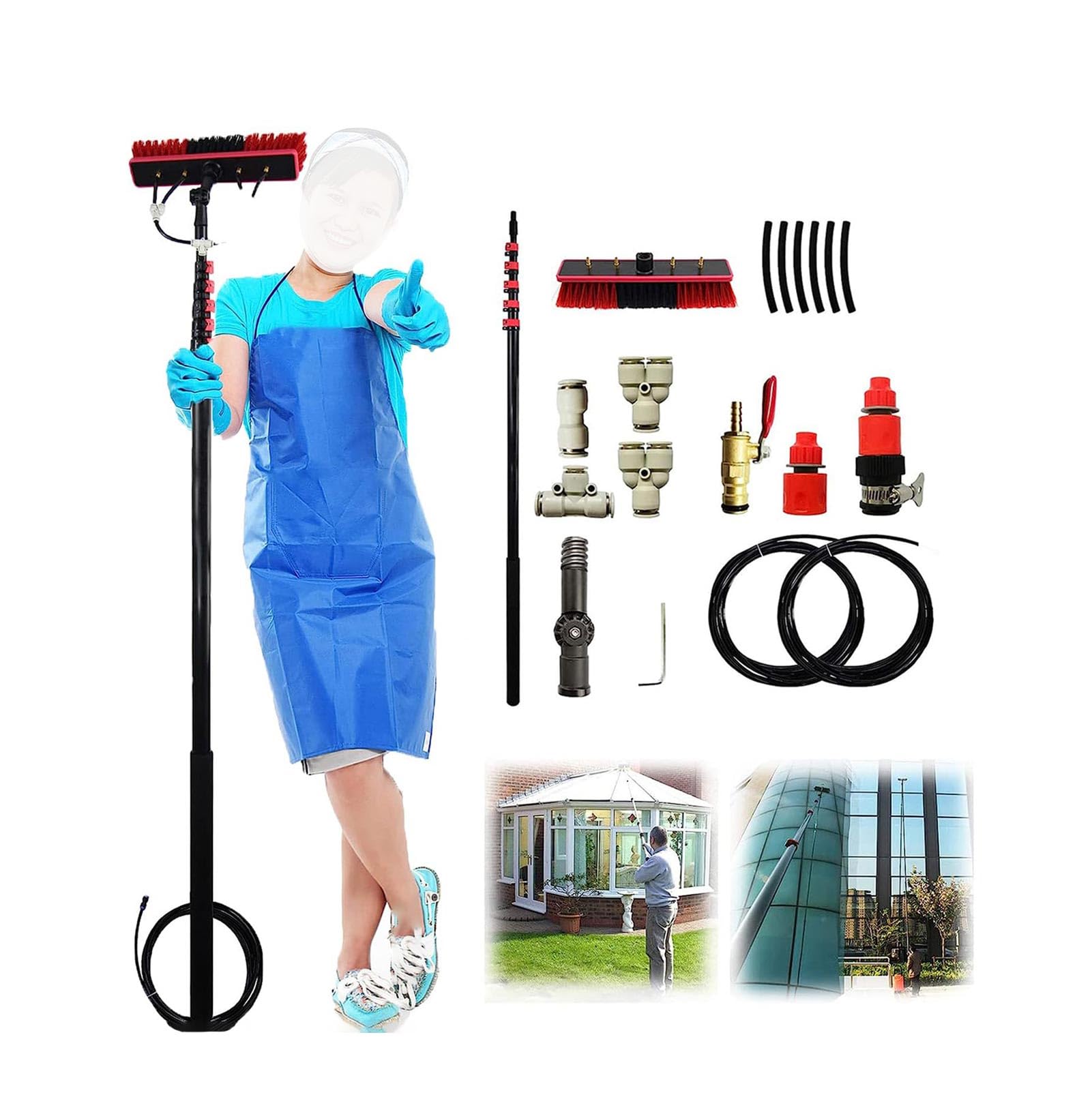 Kit de barra de limpieza de ventanas extensible de 12 pies, cepillo de agua para limpieza de paneles solares y techos, herramienta de lavado de alto alcance para uso doméstico y comercial, eficiente y