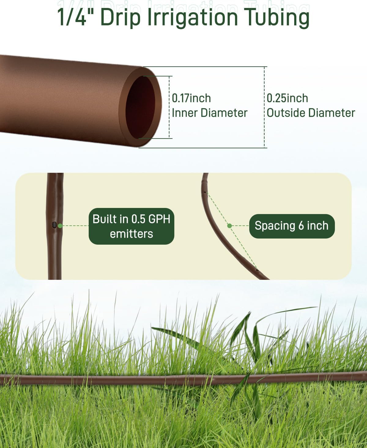 500 Ft 1/4" Drip Line Emitter Tubing 6 Inch Spacing, Drip Irrigation Tubing Irrigation Hose, Garden Watering Tube Line For Garden Irrigation, Window Boxes, Vegetable Gardens, Greenhouses, Brown
