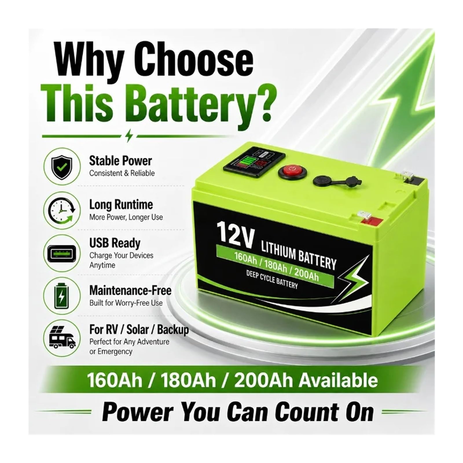Batteria 12V 160Ah 180Ah 200Ah LiFePO4 Display Porta USB Ciclo Profondo | Batteria 12V 160Ah 180Ah 200Ah LiFePO4 Display Porta USB Ciclo profondo(1PC 180AH)