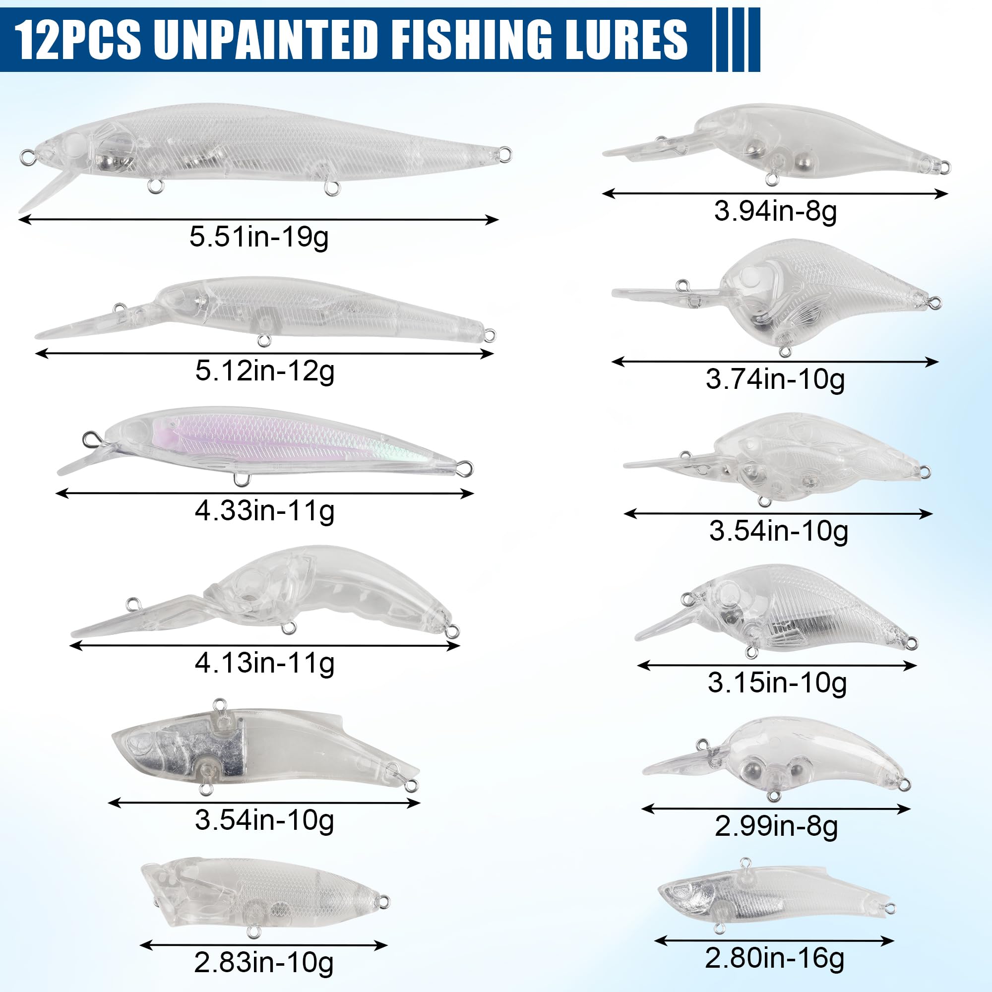Kit de fabrication de leurres de pêche non peints - Leurres vierges - Avec hameçons triples - Anneaux fendus - Autocollants pour faire vos propres leurres de pêche