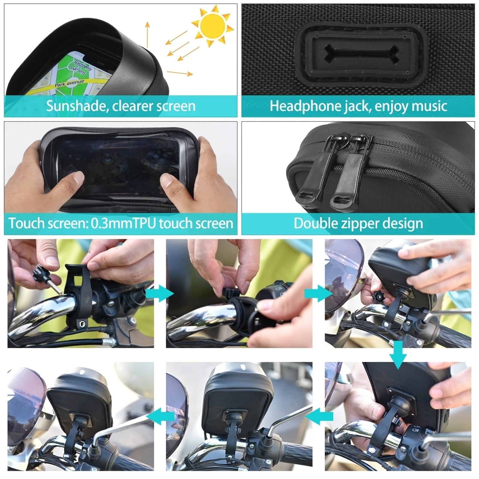 Staffa Navigatore Moto Borsa Manubrio Porta Cellulare Impermeabile Girevole A 360° Telaio Anteriore Bicicletta Navigazione Semplice Smartphone Universale(Nero)
