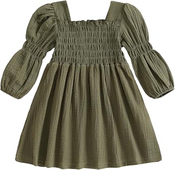 Toddler Girl Smocked Dress Lantern Long Sleeve Solid Color Casual A Line Little Girl Dresses Fall Winter Clothes