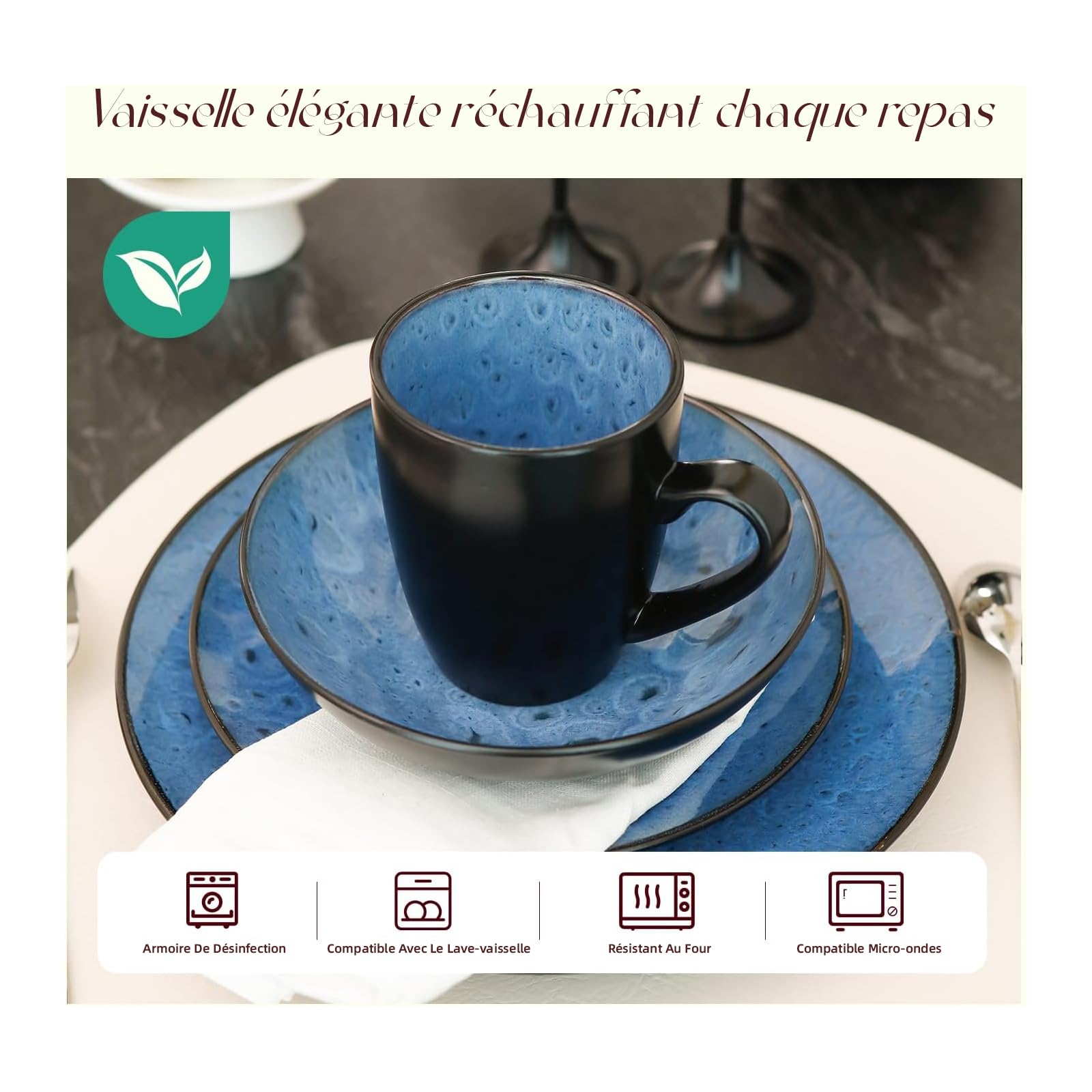 Service de table 16 pièces pour 4 personnes, double bol, assiettes et bols en grès résistant aux rayures, passe au micro-ondes et au lave-vaisselle - Bleu