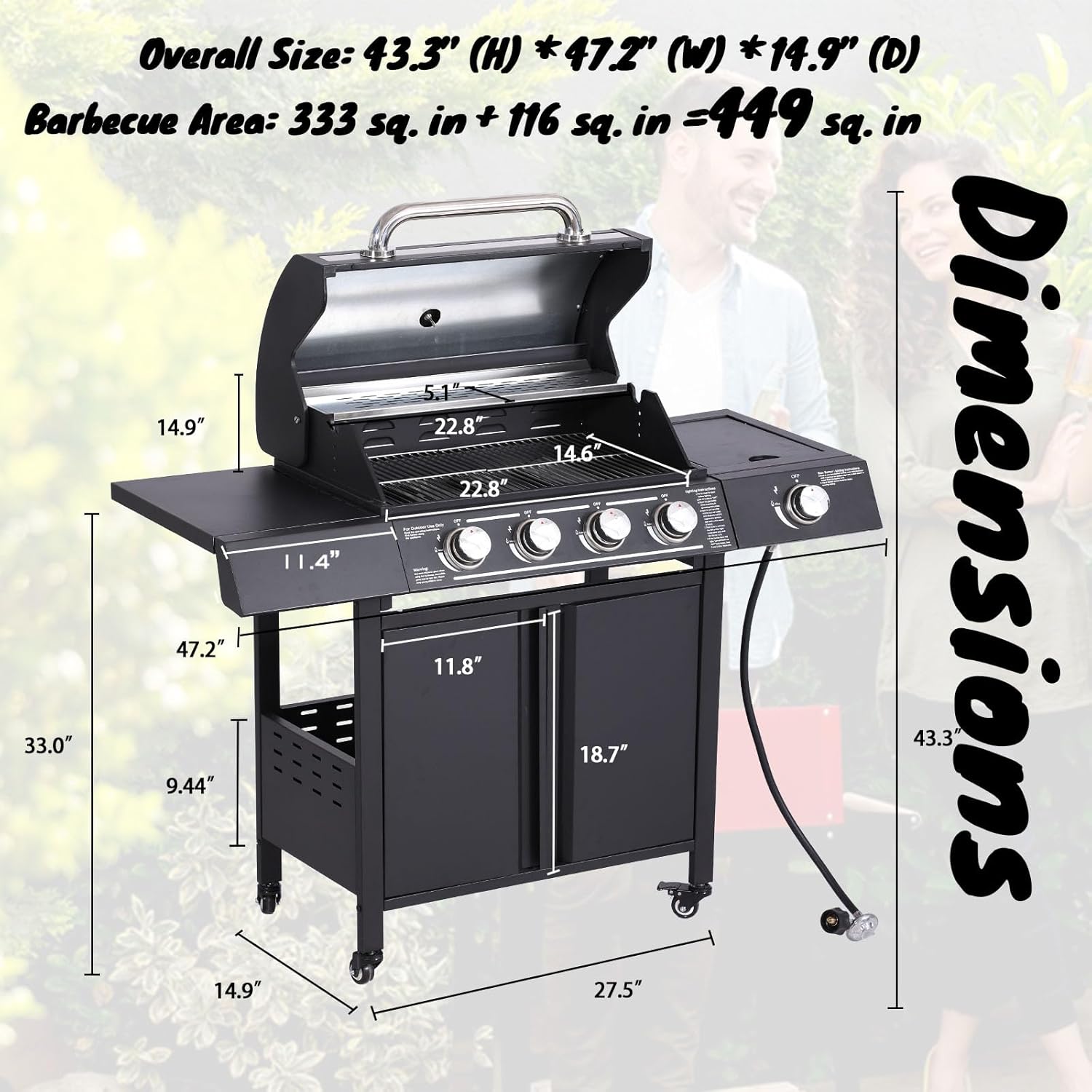 4-Burner Propane Gas Grill with Side Burner - Stainless Steel BBQ Grill Outdoor with Porcelain-Enameled Cast Iron Grates,50,000 BTU Barbecue Grills for Patio, Cooking Kitchen, Backyard Garden