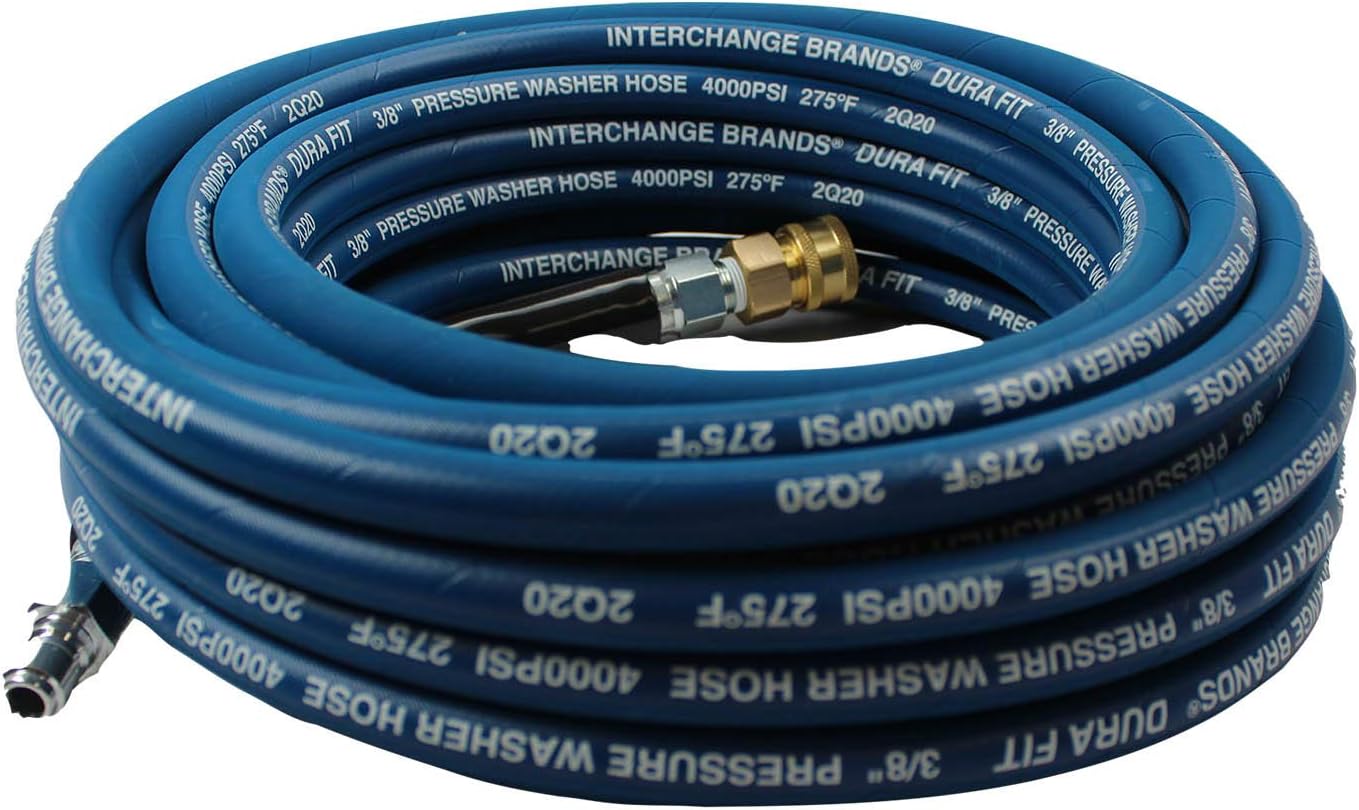 Interchange Brands 3/8” x 50ft 4000 PSI High Pressure Washer Hose Blue Non-Marking, Steel Braid, Quick Couplers, 275 Max Temp, Assembled in USA