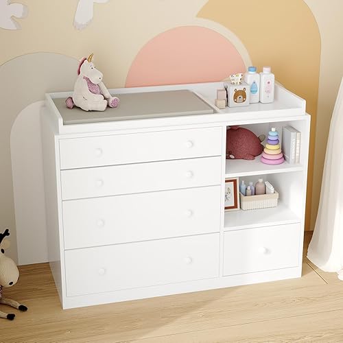 Miniatura 3 de Lovinouse Mueble cambiador de pañales de 47 pulgadas con 5 cajones y 2 estantes, cómoda para cuarto de bebé con almacenamiento y cambiador