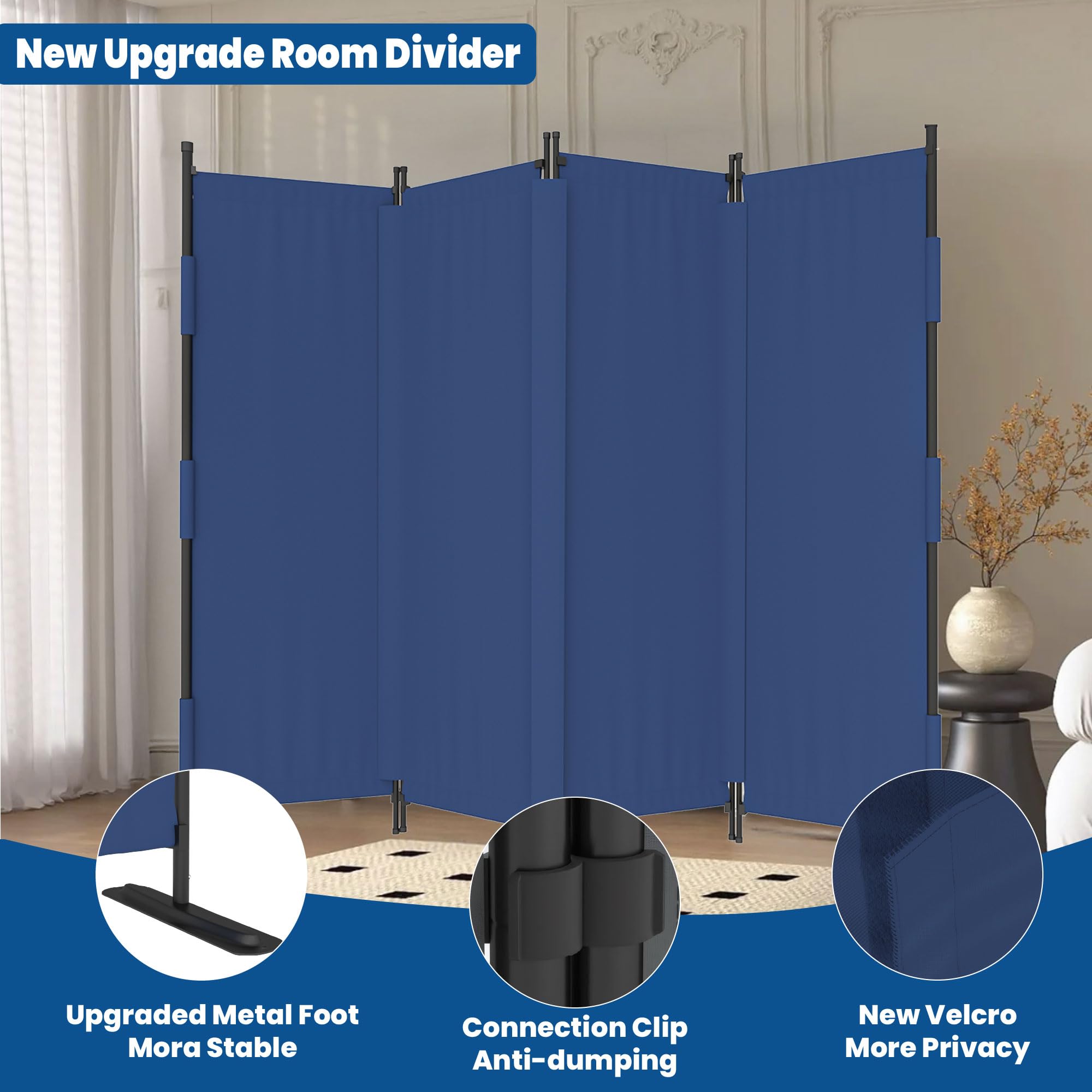 Cloison de séparation pliable à 4 panneaux, séparation très secrète de 223,5 cm avec 3 pieds en métal, séparateur mural léger et autonome pour chambre à coucher (bleu)