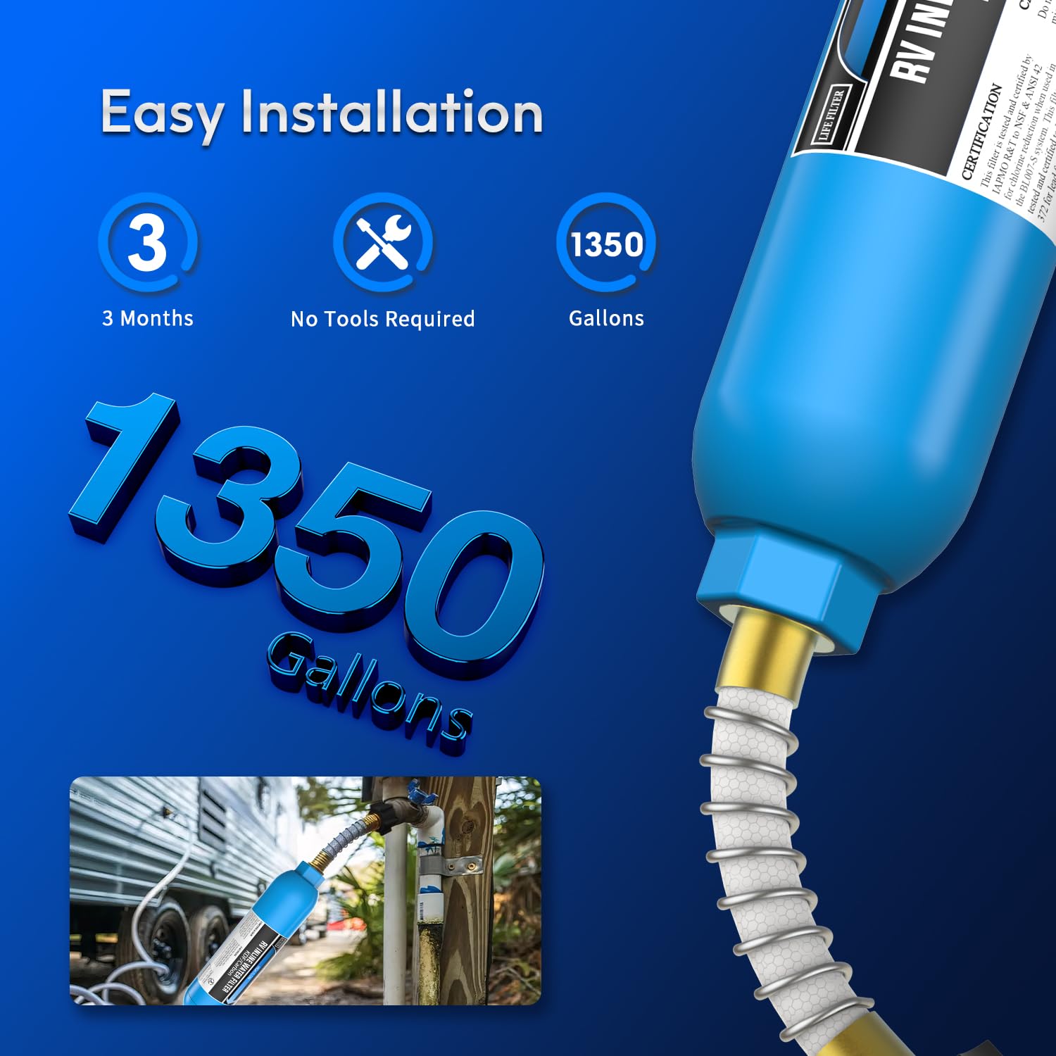 Filtro de agua marino en línea para RV, reduce el cloro, el mal sabor, el olor para caravanas, certificado NSF con protector de manguera flexible, paquete de 2