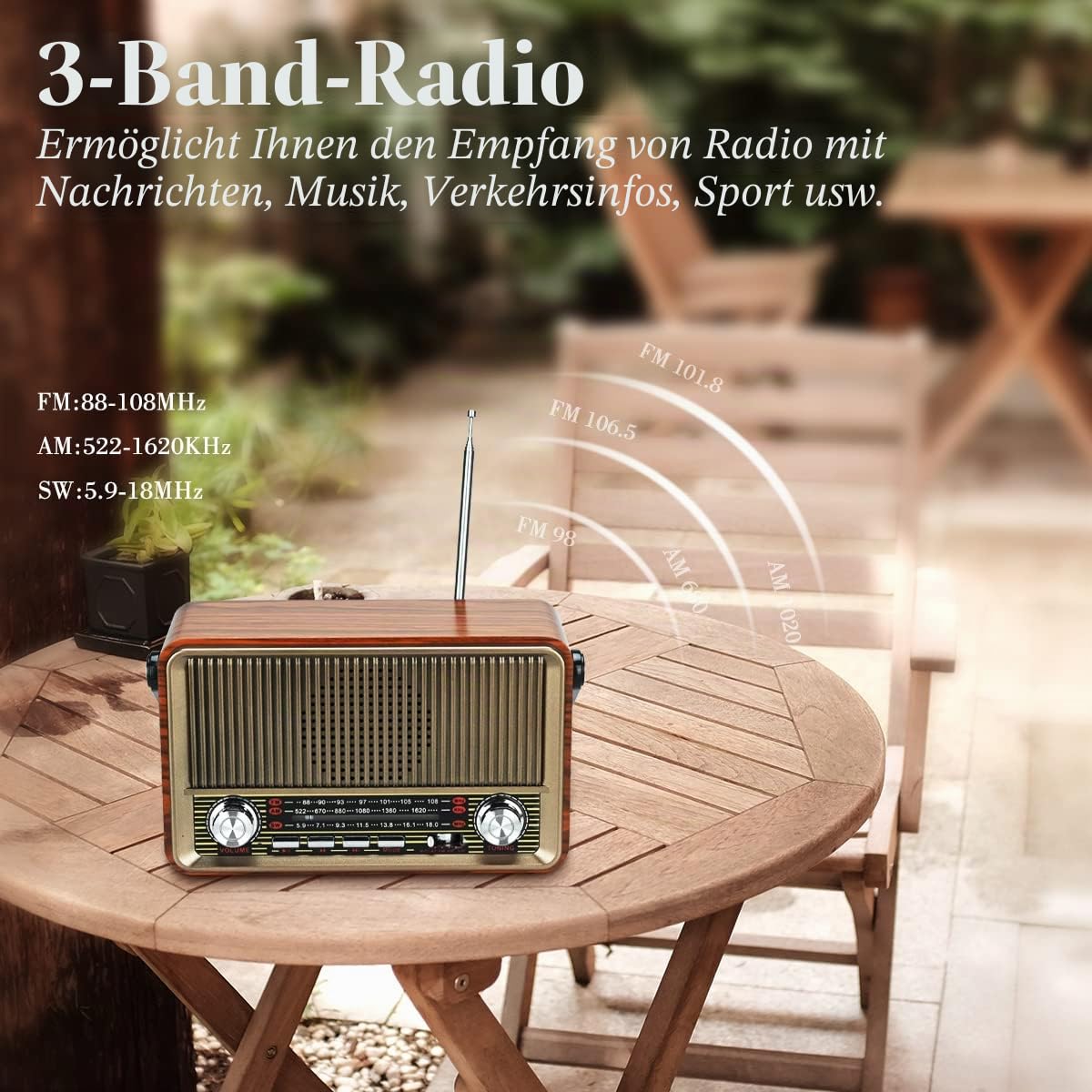 Bluetooth FM AM SW Stereo Radio, Unterstützung USB-Festplatte, USB/TF-Karte, AUX-Steckdose - Musik mit wiederaufladbarem Akku, eingebauter Lautsprecher