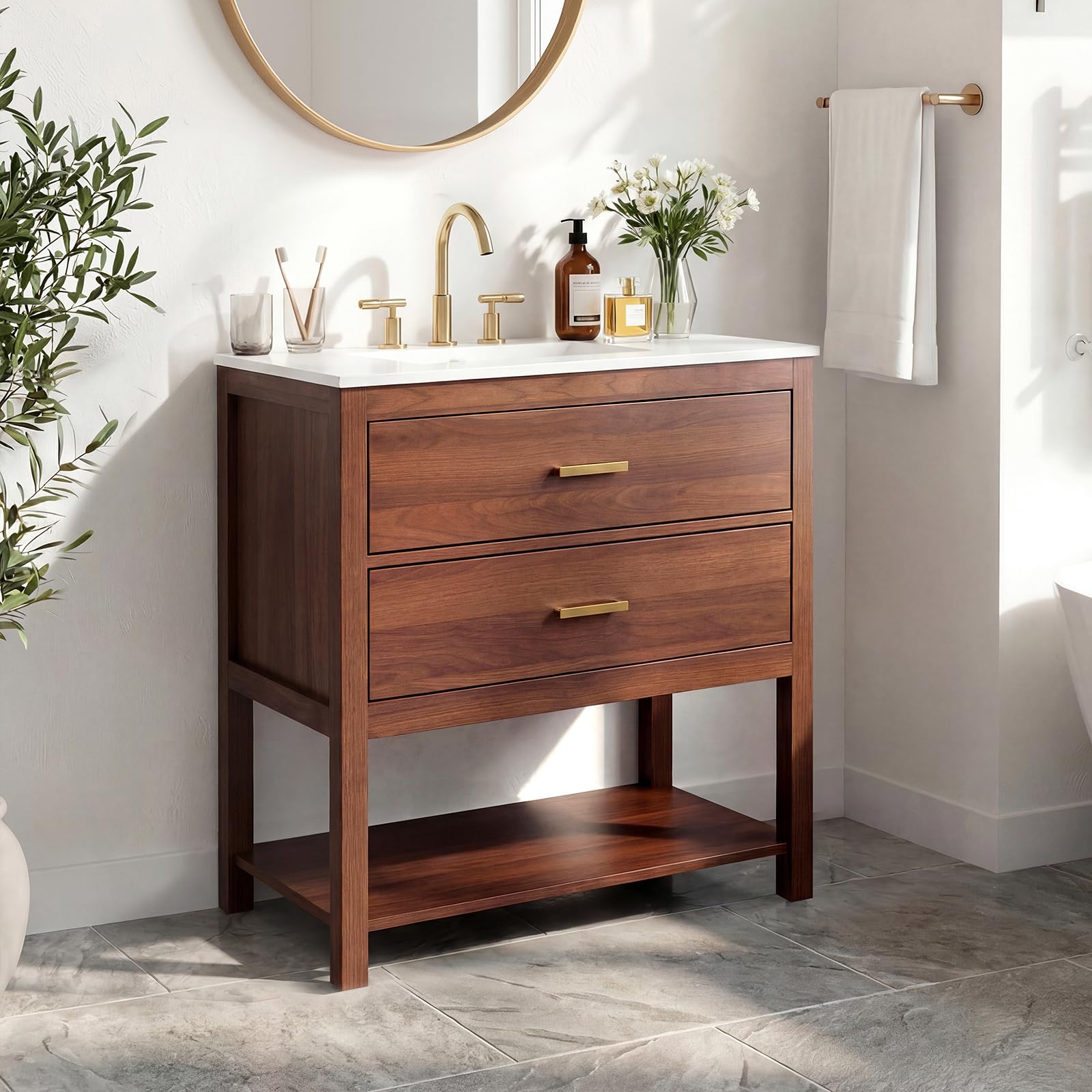 Photo 1 of *MISSING PARTS**
30 Inch Bathroom Vanity with Sink, Modern Bathroom Sink Cabinet with 2 u-Shaped Drawers & Open Shelf, Premium Glossy Ceramic Basin with Overflow, Waterproof Wood Vanity for Small Bath- Walnut