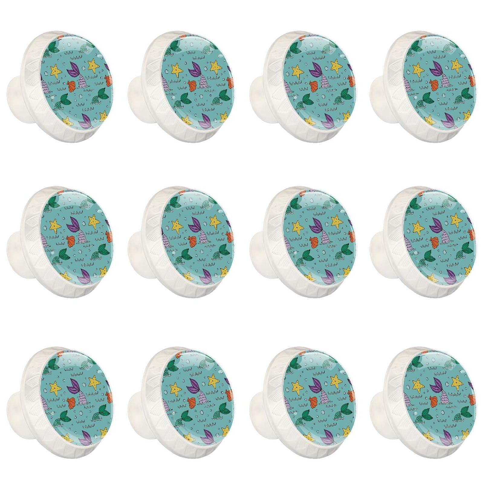 Boutons décoratifs ronds pour relooker un meuble de chambre d'enfant motif sirène jaune et bleu