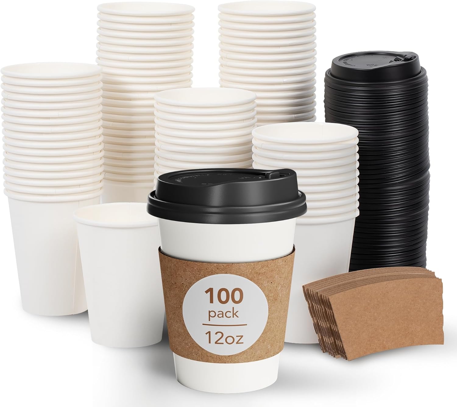 DAILYLIFE 12oz Disposable Coffee Cups with Lids and Sleeves- 100 Pack, Premium Thickened, Leak-Proof Paper Cups for Hot Drinks, To Go Coffee Cups for Family, Office, Parties, Travel Black Lids 12oz