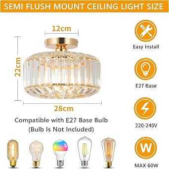 Rayofly Modern Crystal Chandeliers, Gold Ceiling Light Fitting with Glass Lampshade, Semi Flush Lights for Living Room, Bedroom, Kitchen, Hallway, Bathroom [Energy Class D]