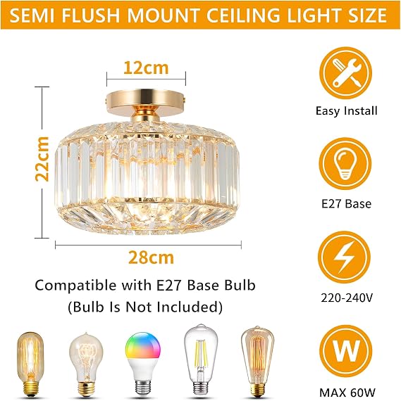 Rayofly Modern Crystal Chandeliers, Gold Ceiling Light Fitting with Glass Lampshade, Semi Flush Lights for Living Room, Bedroom, Kitchen, Hallway, Bathroom [Energy Class D]
