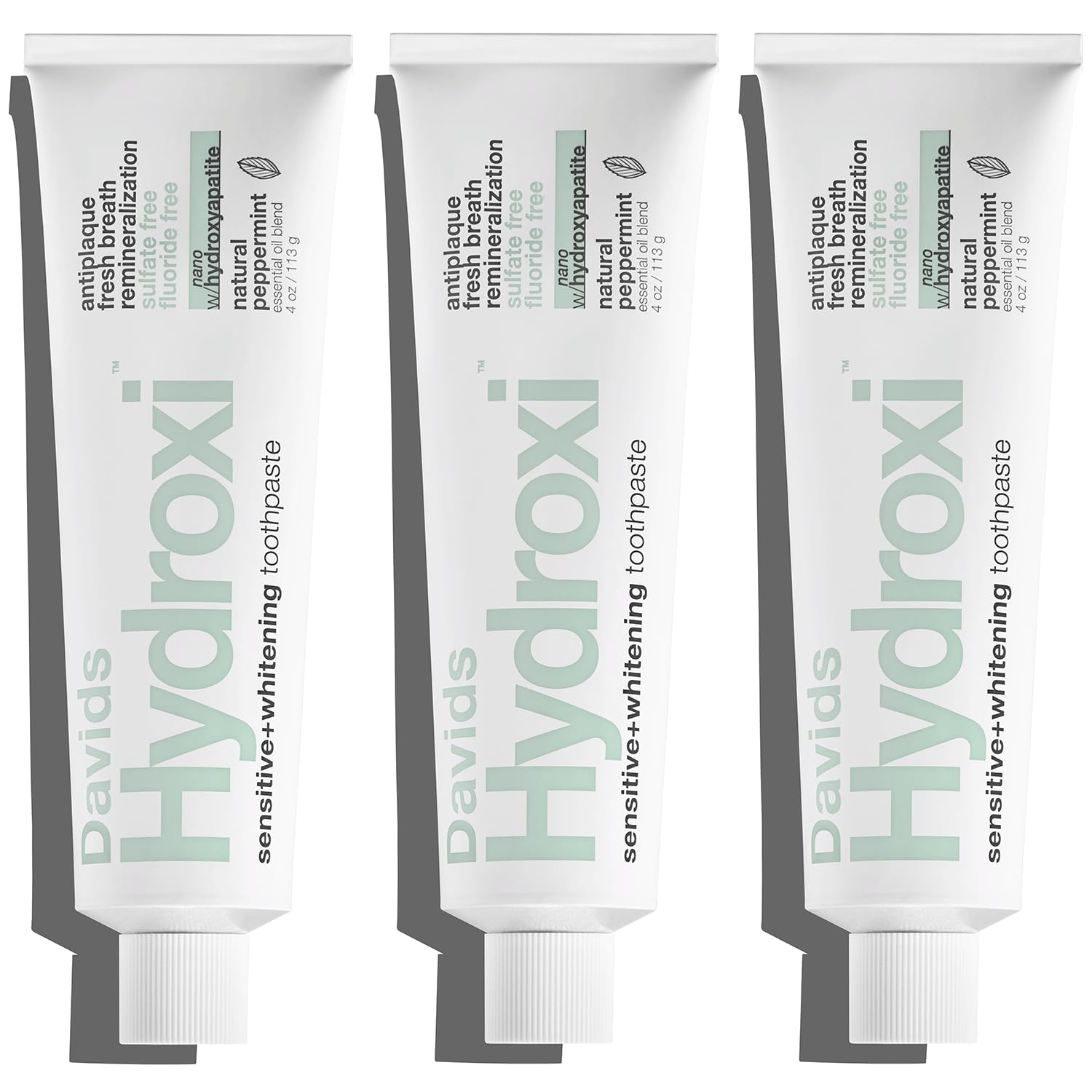 Davids Fluoride Free Nano Hydroxyapatite Toothpaste for Remineralizing Enamel & Sensitive Relief, Whitening, Antiplaque, SLS (Sulfate) Free, Natural Peppermint, 4oz, Made in USA (3 Pack)