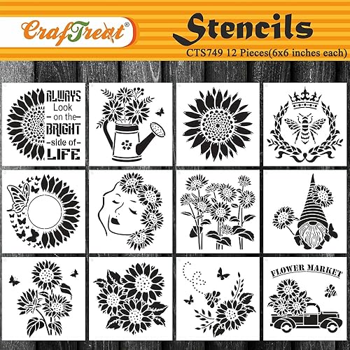 CrafTreat 12 plantillas de girasol para pintar sobre madera (6 x 6), plantillas de flores reutilizables para lienzo, tela, papel, pared y muebles,